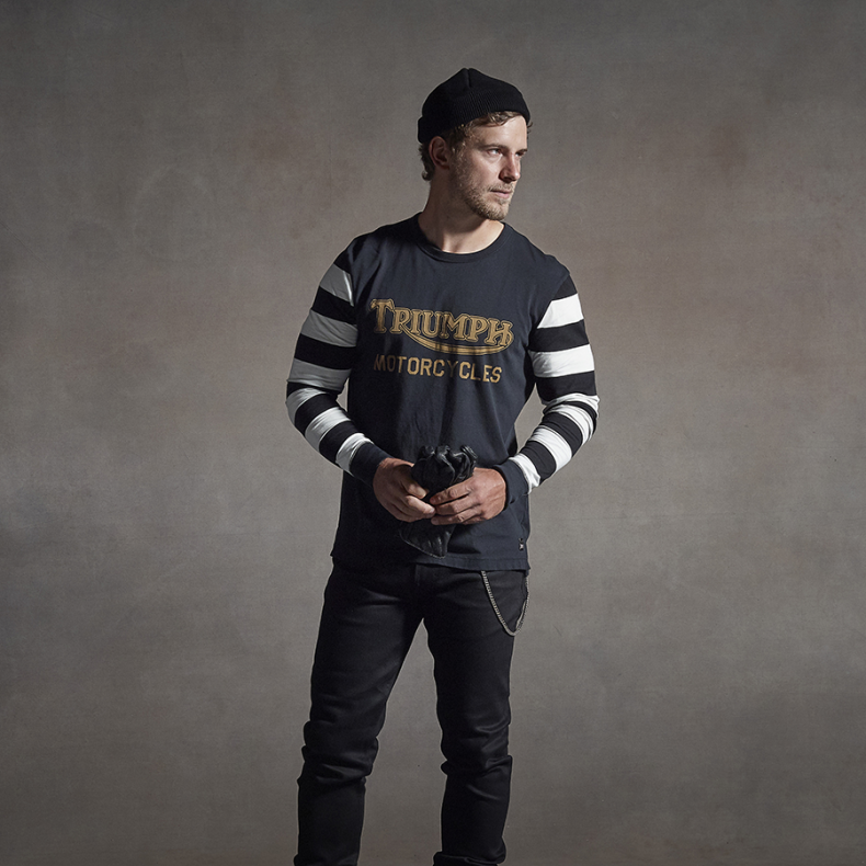 IGNITION COIL BLOCK STRIPE LONG SLEEVE CREW T-SHIRT BLACK