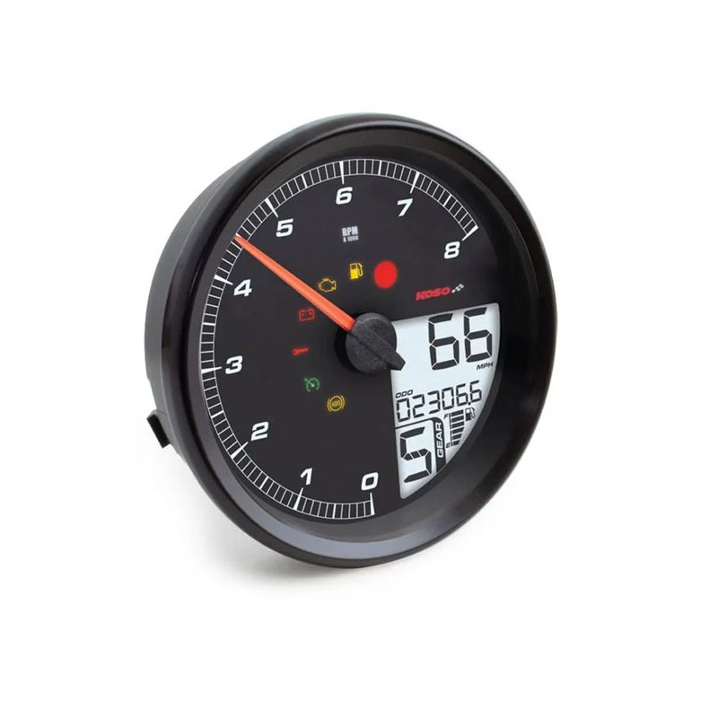 KOSO, HD-05 speedometer / tachometer. Black bezel 04-10 Softail; 04-13 FLHR; 04-11 FXDWG