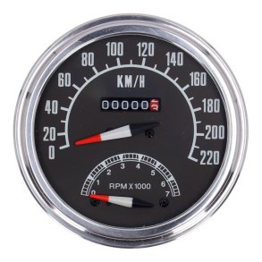 FL speedo/tachometer, '73-84 face', black. 2:1 kmh With built-in electronic tachometer. 