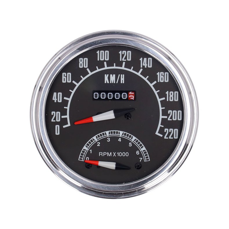 FL speedo/tachometer, '73-84 face', black. 2:1 kmh With built-in electronic tachometer. 