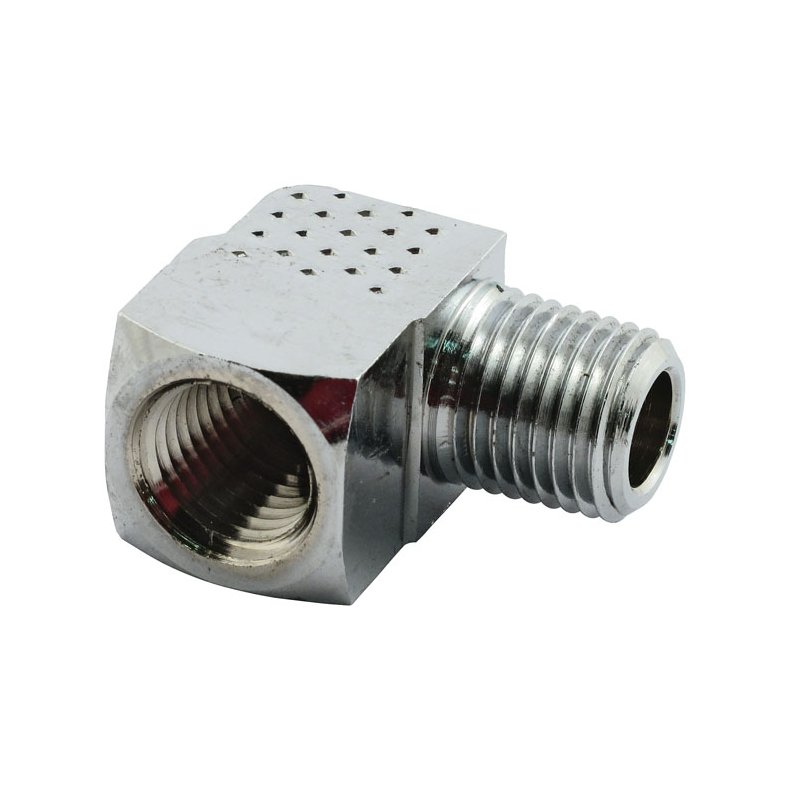 OIL FITTING ADAPTER, 90 DEGREE. CHROME 1/4" NPT MALE/FEMALE ELBOW ADAPTER FITTING