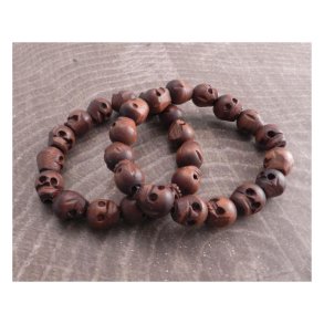 AMIGAZ WOOD SKULL BEAD BRACELET SET 2 large carved skull wood bead bracelets; stretch cord