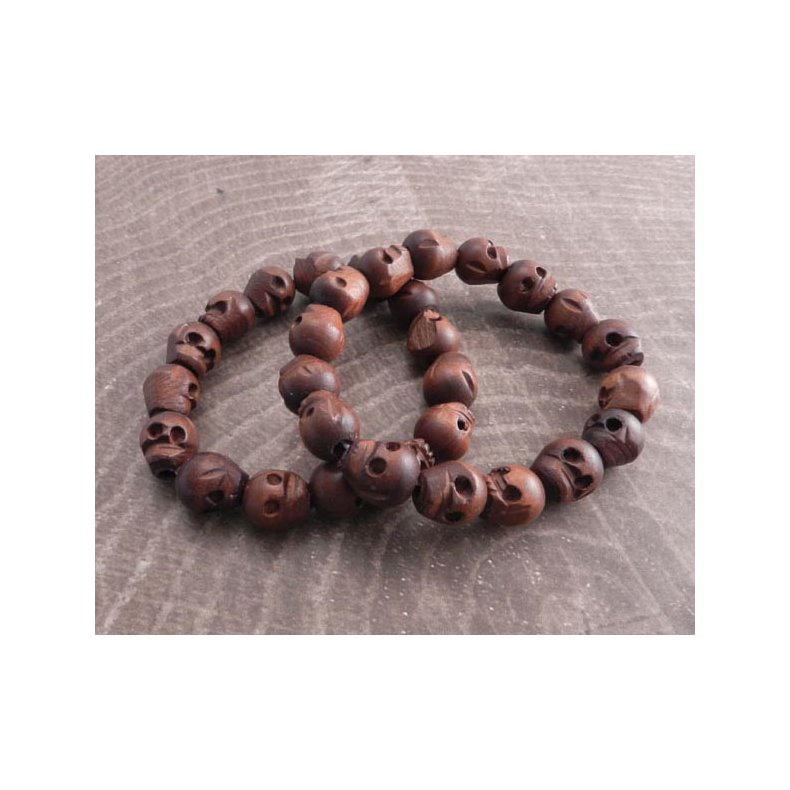 AMIGAZ WOOD SKULL BEAD BRACELET SET 2 large carved skull wood bead bracelets; stretch cord