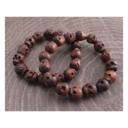 AMIGAZ WOOD SKULL BEAD BRACELET SET 2 large carved skull wood bead bracelets; stretch cord