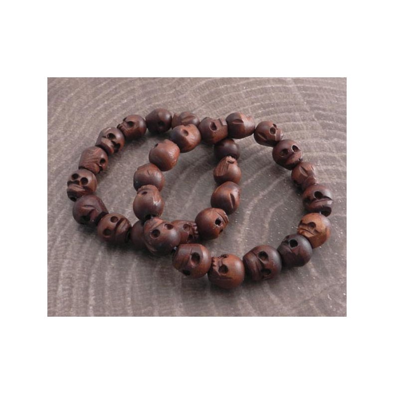 AMIGAZ WOOD SKULL BEAD BRACELET SET 2 large carved skull wood bead bracelets; stretch cord