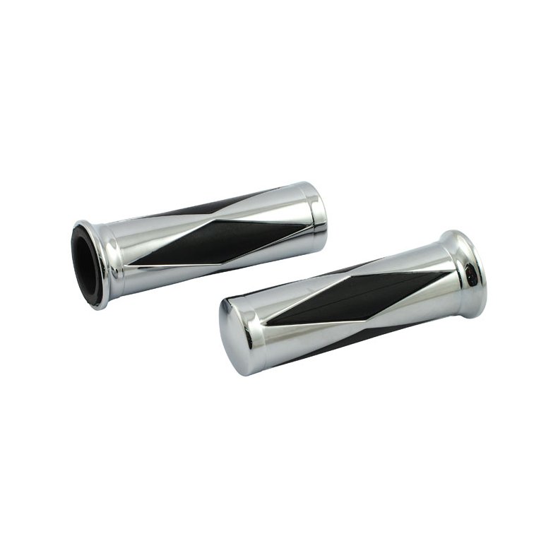 Handlebar grip set, Diamond black inlay Chrome plated aluminum with black rubber 