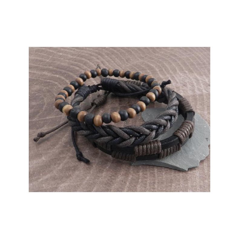 AMIGAZ ROPE SLIDERS &amp; WOOD BEAD BRACELET BROWN 3-pack