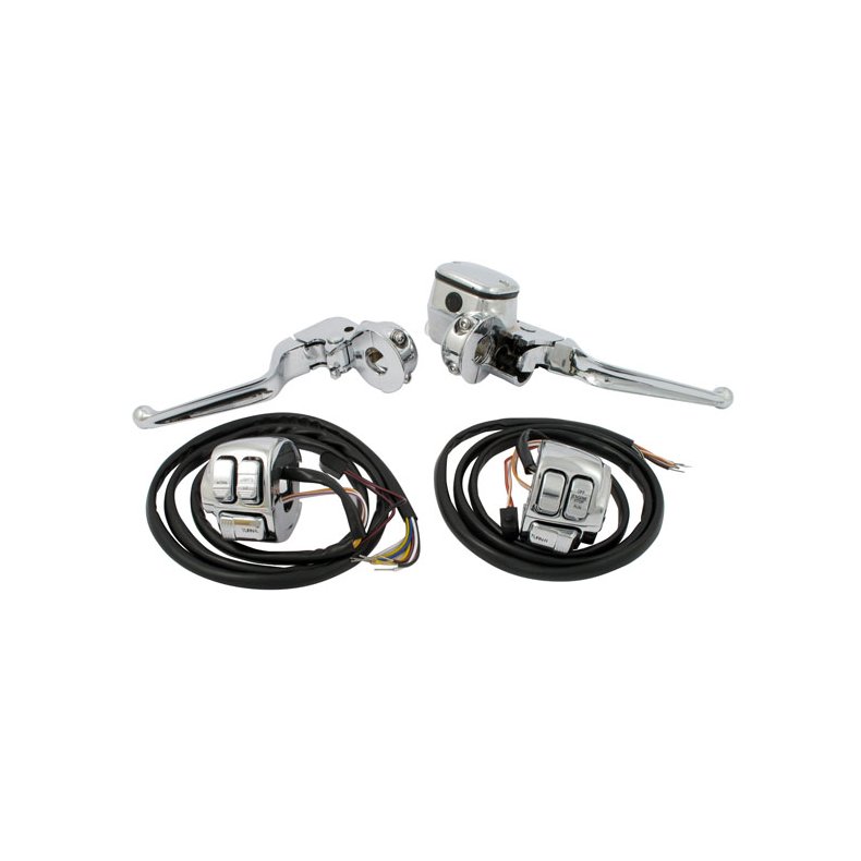 Handlebar control kit chrome 9/16" bore Chrome plated OEM style handlebar control kit,