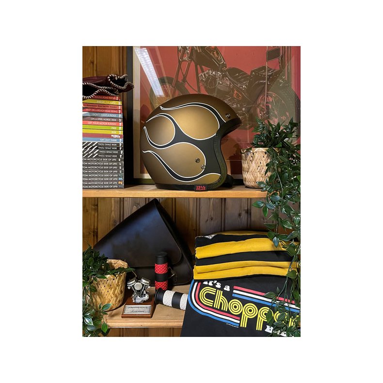 13 1/2 Skull bucket helmet flames matt gold