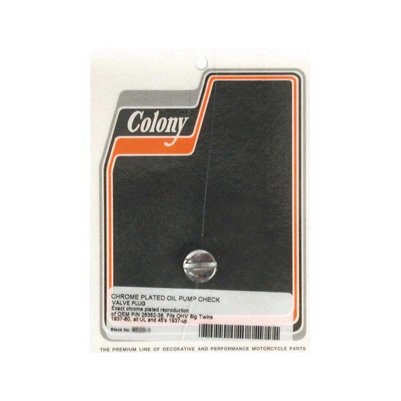 Colony plug, oil pump check valve Chrome, OEM style reproduction  Fits: > 36-80 Big Twin 