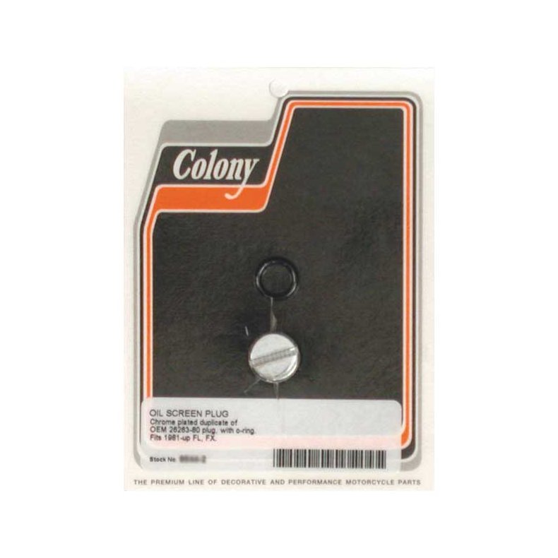 Colony plug, oil pump &amp; crankcase Chrome. Reproduction of the OEM round slotted style.  81-99 