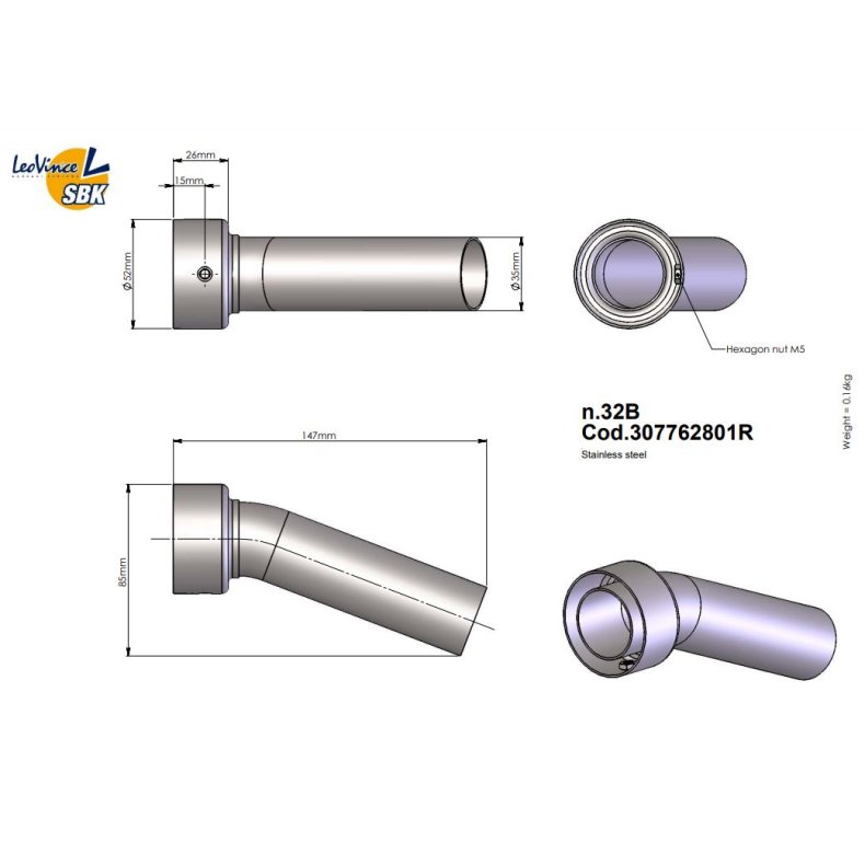 DB/6 Killer til LeoVince- udstdning  Indbygningsml: 52 mm 307762801R